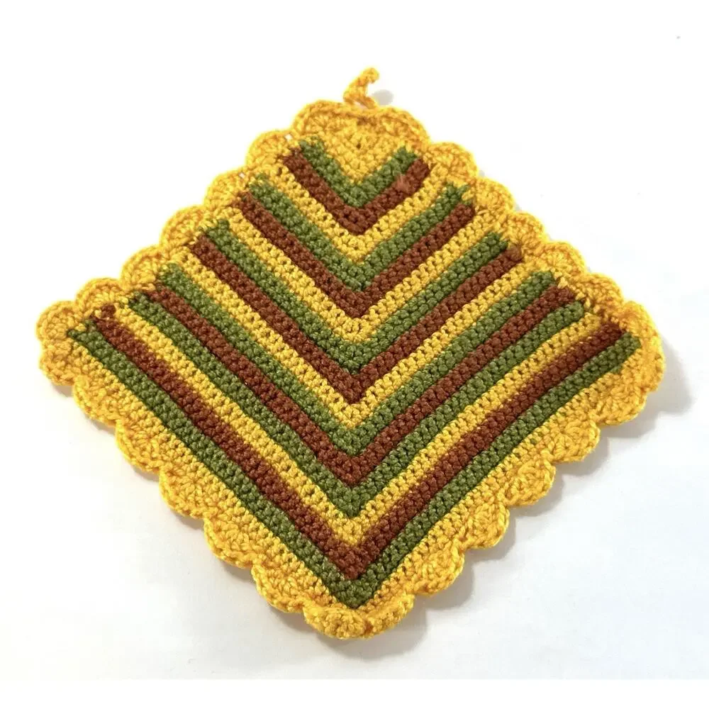 Vintage Hand Crocheted Potholder Set Round Square Yellow Green Brown Cotton 2 Pc